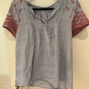 dylan Light Blue Peasant Tunic with Red Embroidered Sleeves